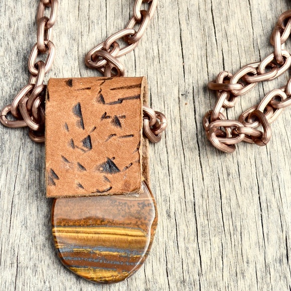 Conceptual Subculture Jewelry - Big Tigers Eye Gemstone Pendant Leather Necklace